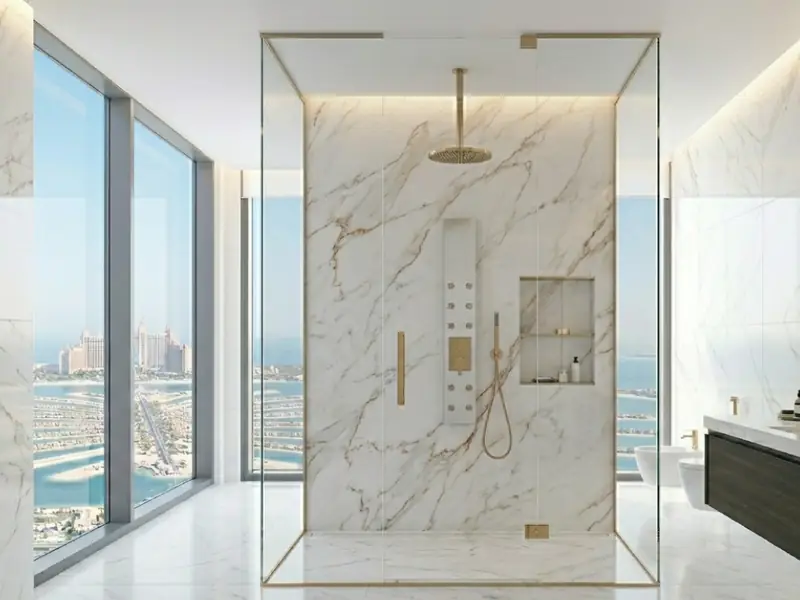 Frameless glass shower partition in a modern marble bathroom