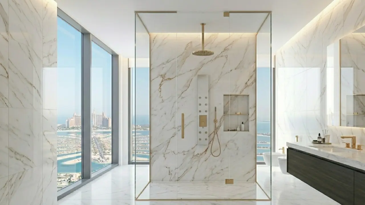 Frameless glass shower partition in a modern marble bathroom